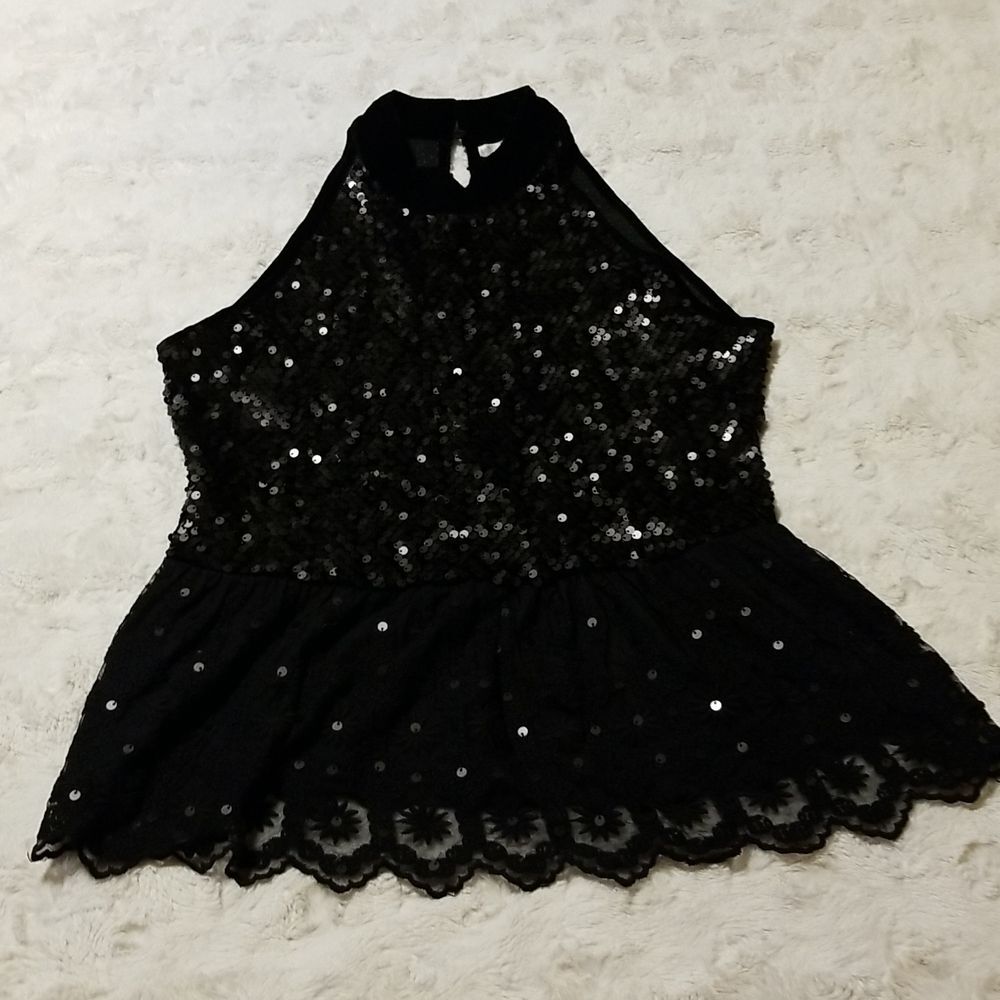 Boston Proper Top Womens Size XS Black Mock Neck Lace Sequin Peplum